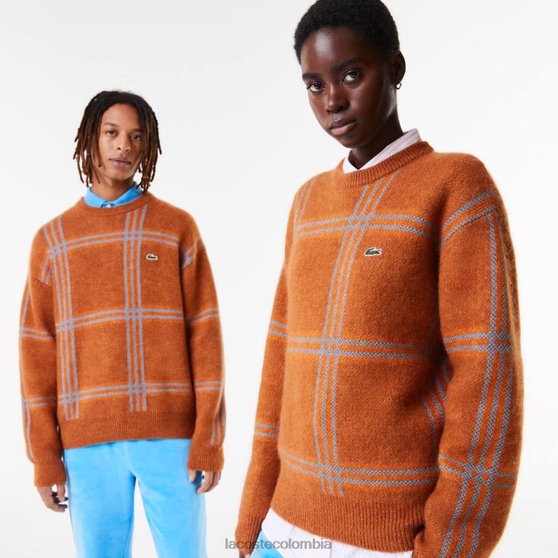 Jersey holgado en mezcla de lana con estampado de tartán marrón/azul/naranja Lacoste ropa unisexo 80XZX1426