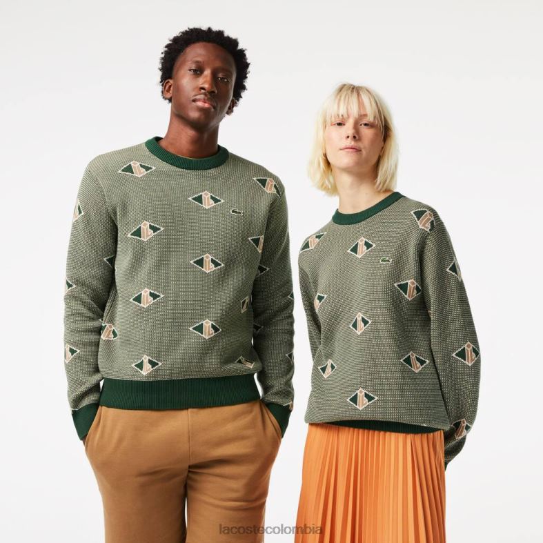 suéter de corte clásico con motivo de monograma verde/beige/blanco Lacoste ropa unisexo 80XZX1504