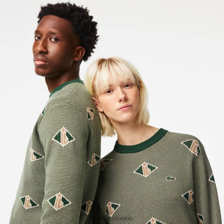 suéter de corte clásico con motivo de monograma verde/beige/blanco Lacoste ropa unisexo 80XZX1504